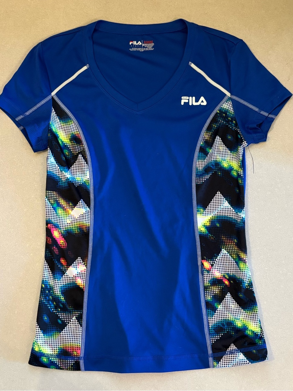 FILA Blue V-Neck Athletic Top with Multicolor Chevron Panels